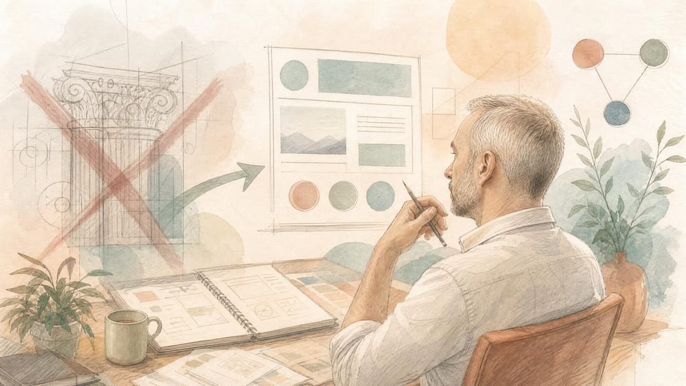 A man in profile studying a website wireframe board, with an ornate carved column crossed out beside him and sketchbooks, plants and a coffee mug on the desk