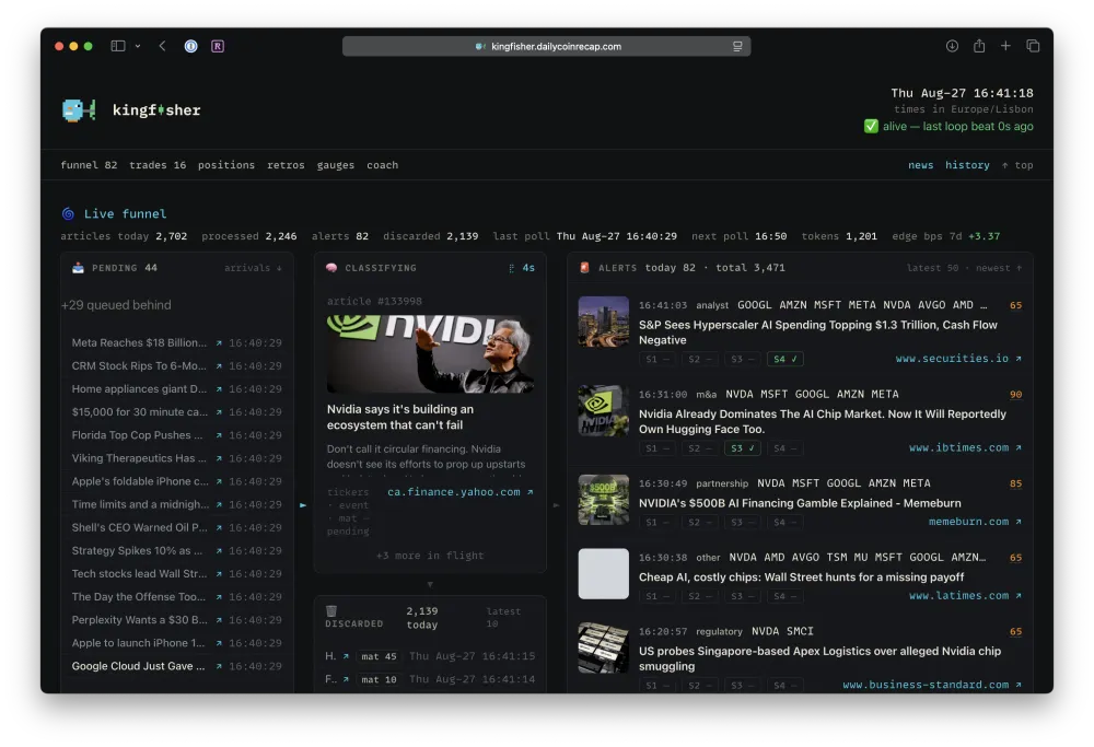 Kingfisher trading bot screenshot, showing how it classifies incoming articles