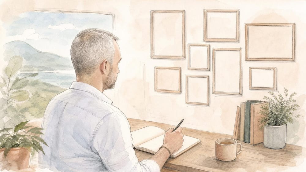 A gray-haired man writing in a notebook at a desk, seen from behind, facing a wall of empty picture frames, with a coffee mug and potted plants beside him and a lake view through the window