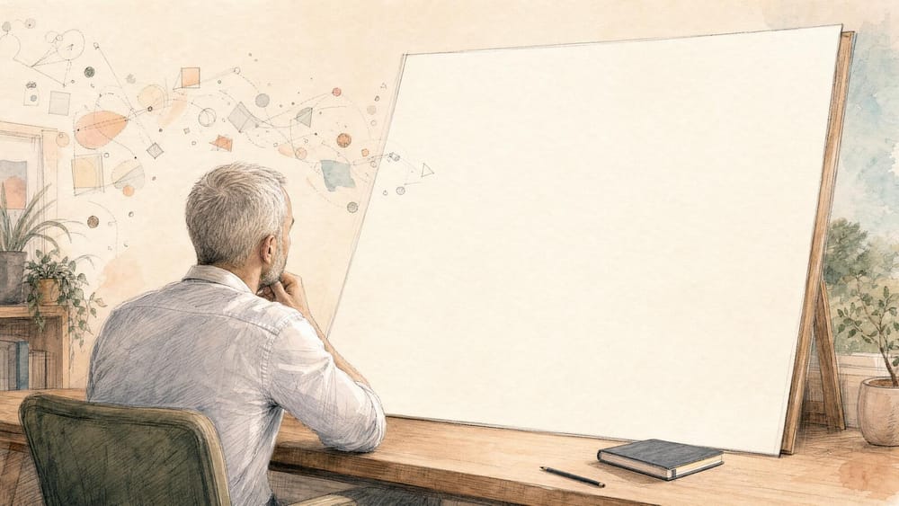 A man at a desk resting his chin on his hand before a large blank sheet on an easel, with sketched fragments and small coloured shapes drifting toward it from the left