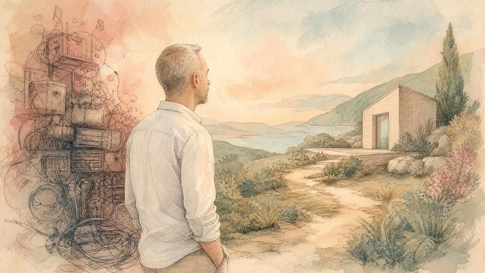 A man turning away from a tangled pile of servers and cables toward a simple house overlooking a coastal path, sea and hills in the distance