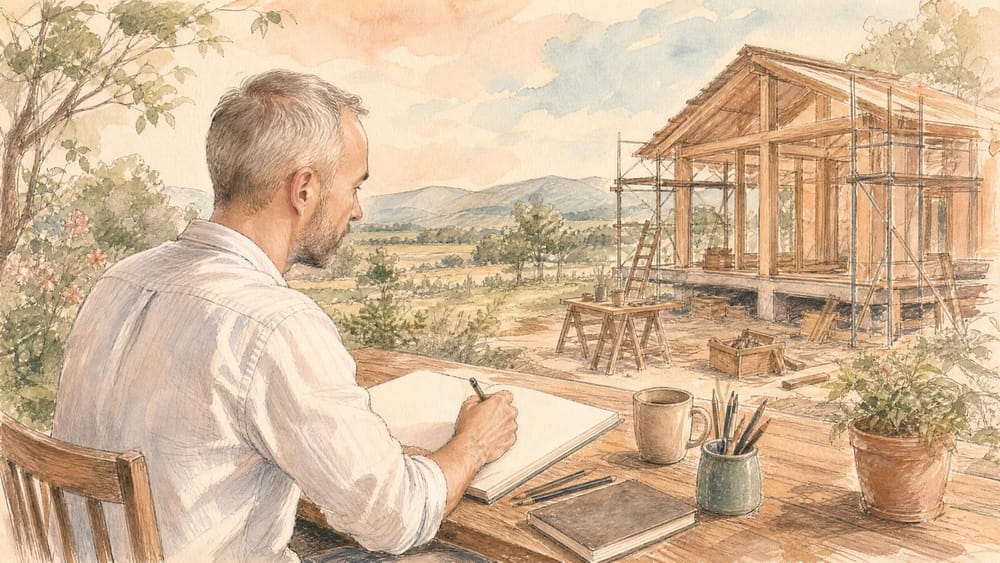 A man writing in a notebook at an outdoor table, looking out toward a timber-framed house under construction with scaffolding, sawhorses and toolboxes in the open landscape beyond