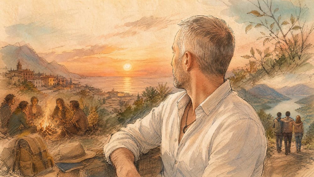 A man in profile watching the sun set over a coastal town, with friends gathered around a campfire on one side and travelers walking a hillside path toward a lake on the other