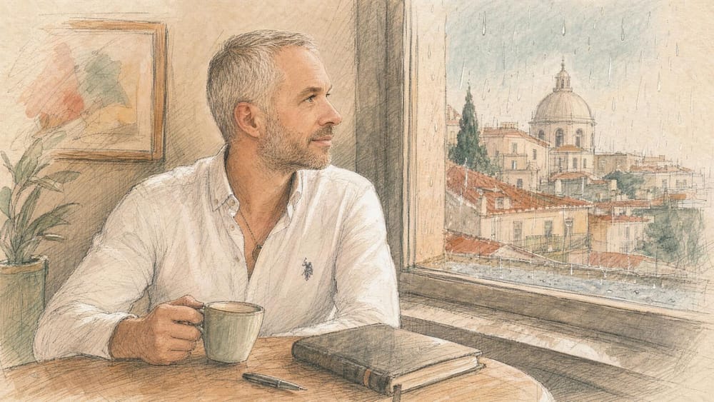 A man sitting by a rain-streaked window with a coffee mug and a notebook, gazing out at a hillside old-town skyline of domes and terracotta rooftops