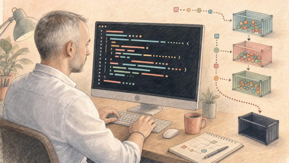 A man typing at a computer showing a terminal of coloured code lines, with settings flowing along dotted paths into three filled shipping containers and one dark empty container