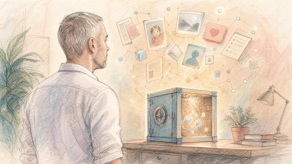 A man watching photos, documents and icons float in a glowing network above an open safe on a desk
