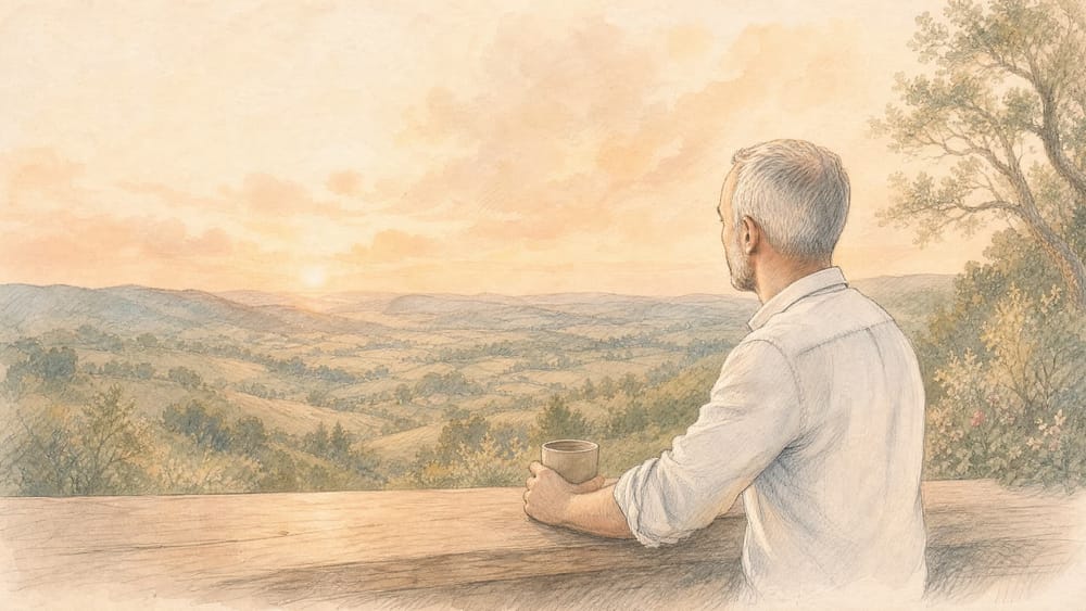 A gray-haired man in a white shirt resting on a wooden railing with a mug in his hands, looking out over rolling wooded hills as the sun rises beyond the far ridges