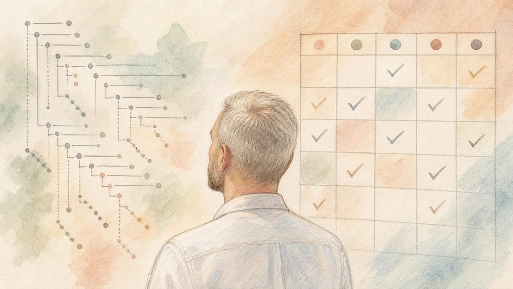 A man seen from behind facing a wall with a task-tree diagram of connected dots on one side and a checklist calendar grid of checkmarks on the other