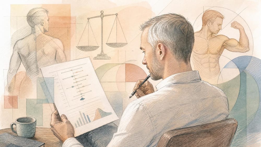 A man in profile reading a forest-plot research chart, with sketches of a balance scale and a muscular figure behind him and a coffee mug on the table