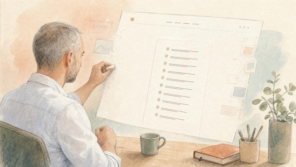 A man seen from behind erasing a cluttered browser mockup down to a single simple list, with a coffee mug, notebook, pencil cup and small plant on his desk