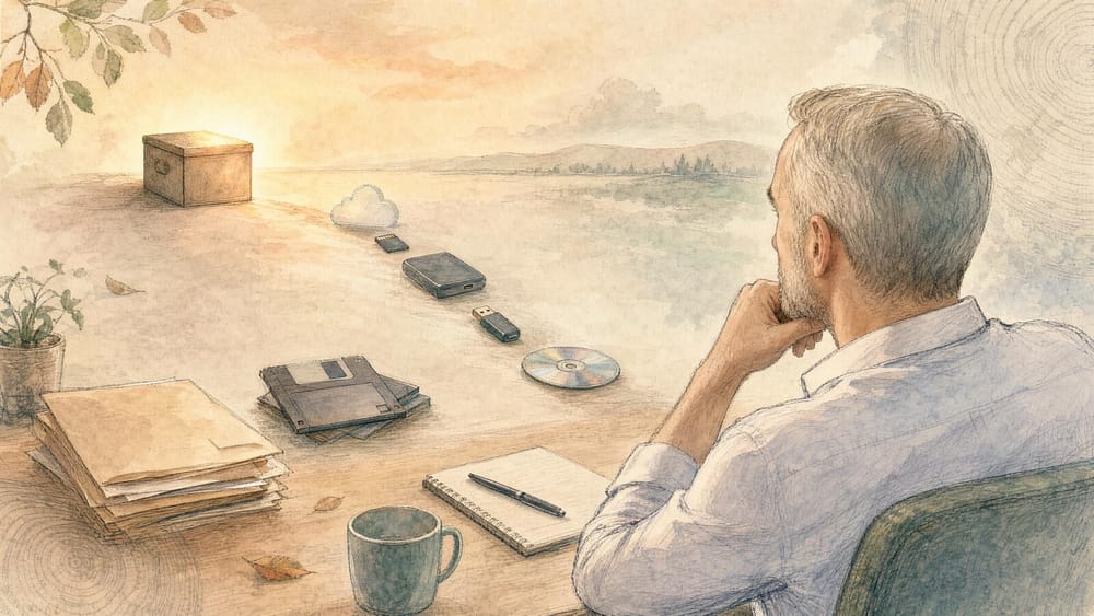 A man at his desk looking out over a trail of storage media, a floppy disk, CD, USB drive, external drive, memory card and a cloud icon, leading toward a wooden box on the horizon