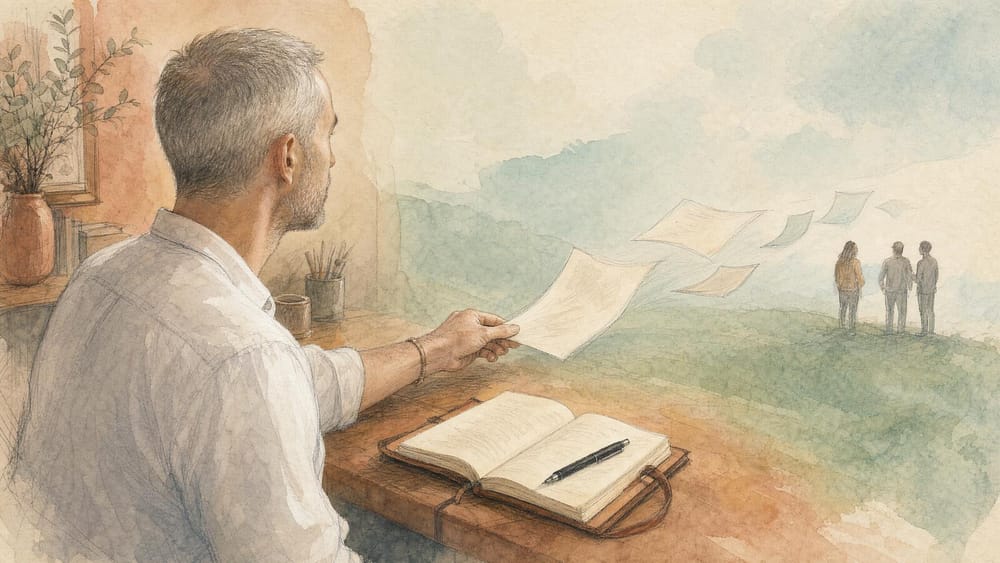 A man at a desk releasing pages from an open notebook, the sheets drifting out across a green valley toward three figures standing on a distant hillside