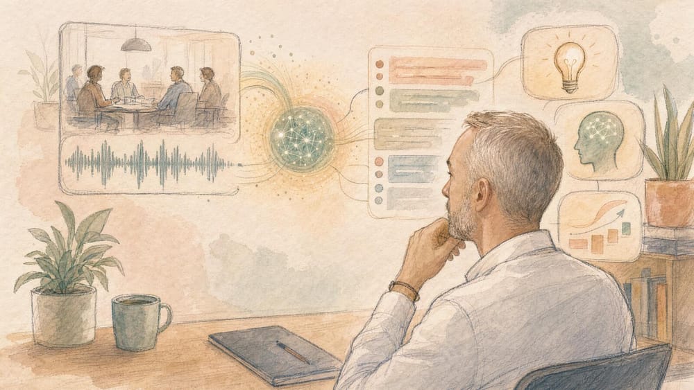 A man seen from behind thinking at his desk while a meeting video and audio waveform feed into a glowing network node that branches into summary cards, a lightbulb, a brain and a chart
