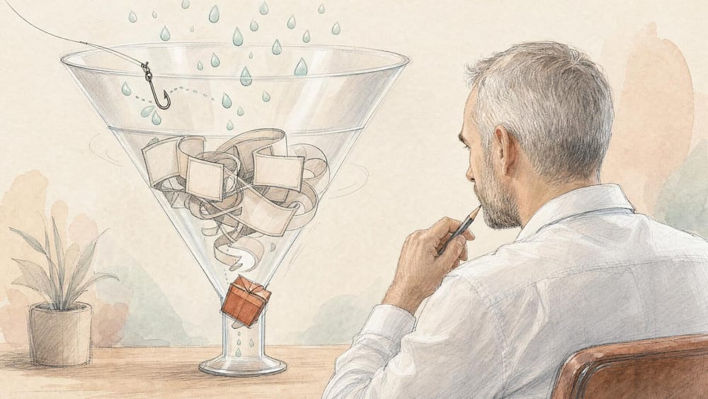 A man in profile watching a large funnel holding a fishing hook, falling raindrops, a tangled ribbon and a wrapped gift box sliding toward its narrow spout