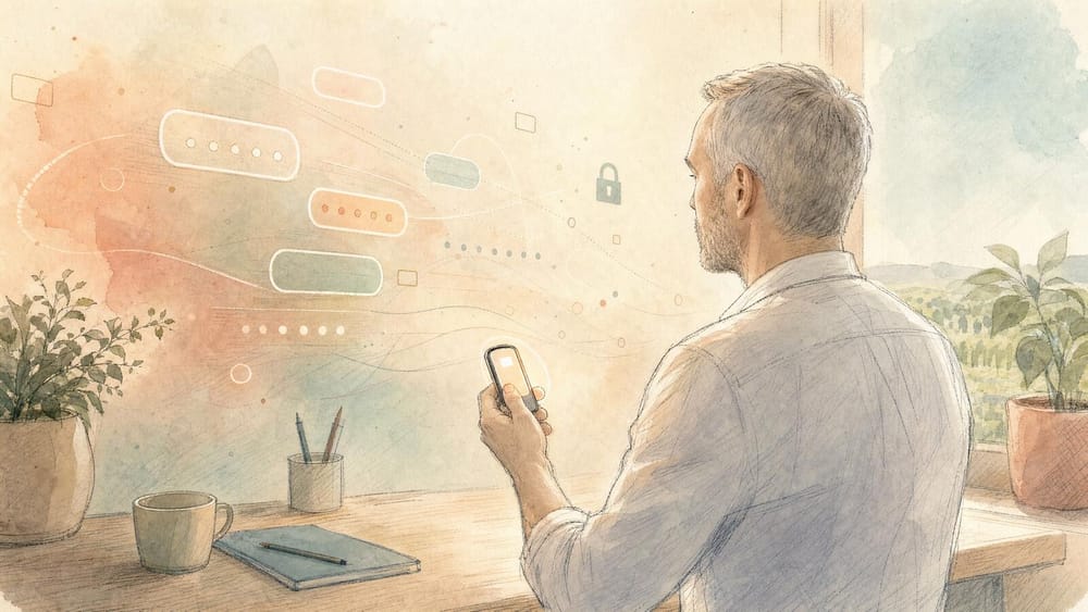 A man seen from behind checking a one-time code on his phone beside a window, with floating rounded shapes of dots and a padlock symbol above his desk of plants, a mug and a notebook