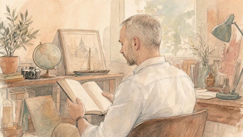 A man reading a book in a sunlit study, seen from behind, surrounded by a globe, a camera, a model boat and shelves of collected objects