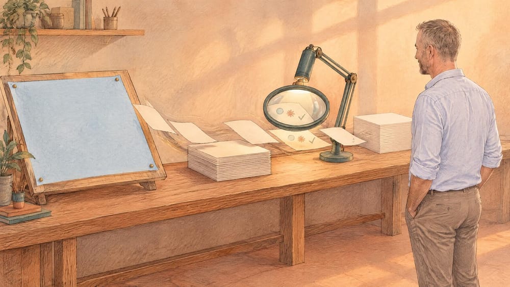 A gray-haired man in a blue shirt stands back with his hands in his pockets, watching loose sheets of paper travel along a workbench past a pinned blueprint and a lit magnifying lamp